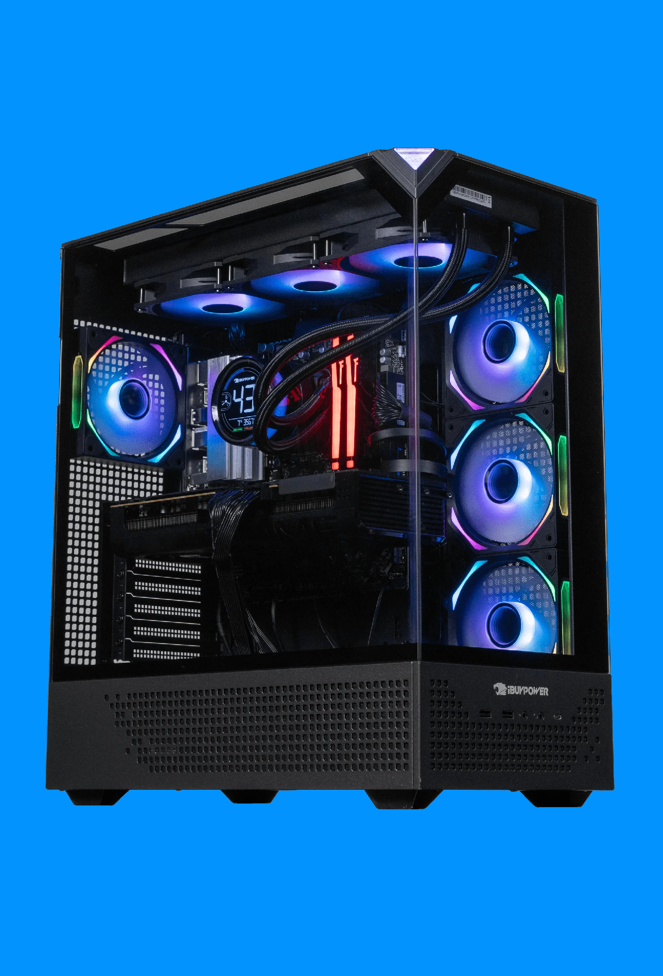 An iBuyPower RDY Element 9 Pro R08 on a blue background.