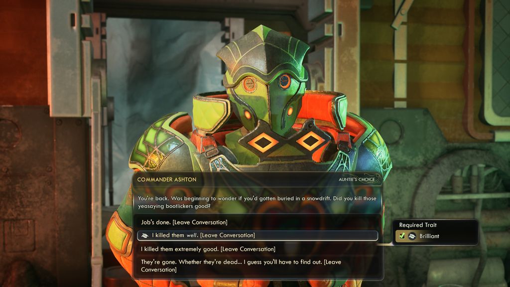The Outer Worlds 2 dialogue screen, where the selected option allows the player to correct someone and say "I killed them well"