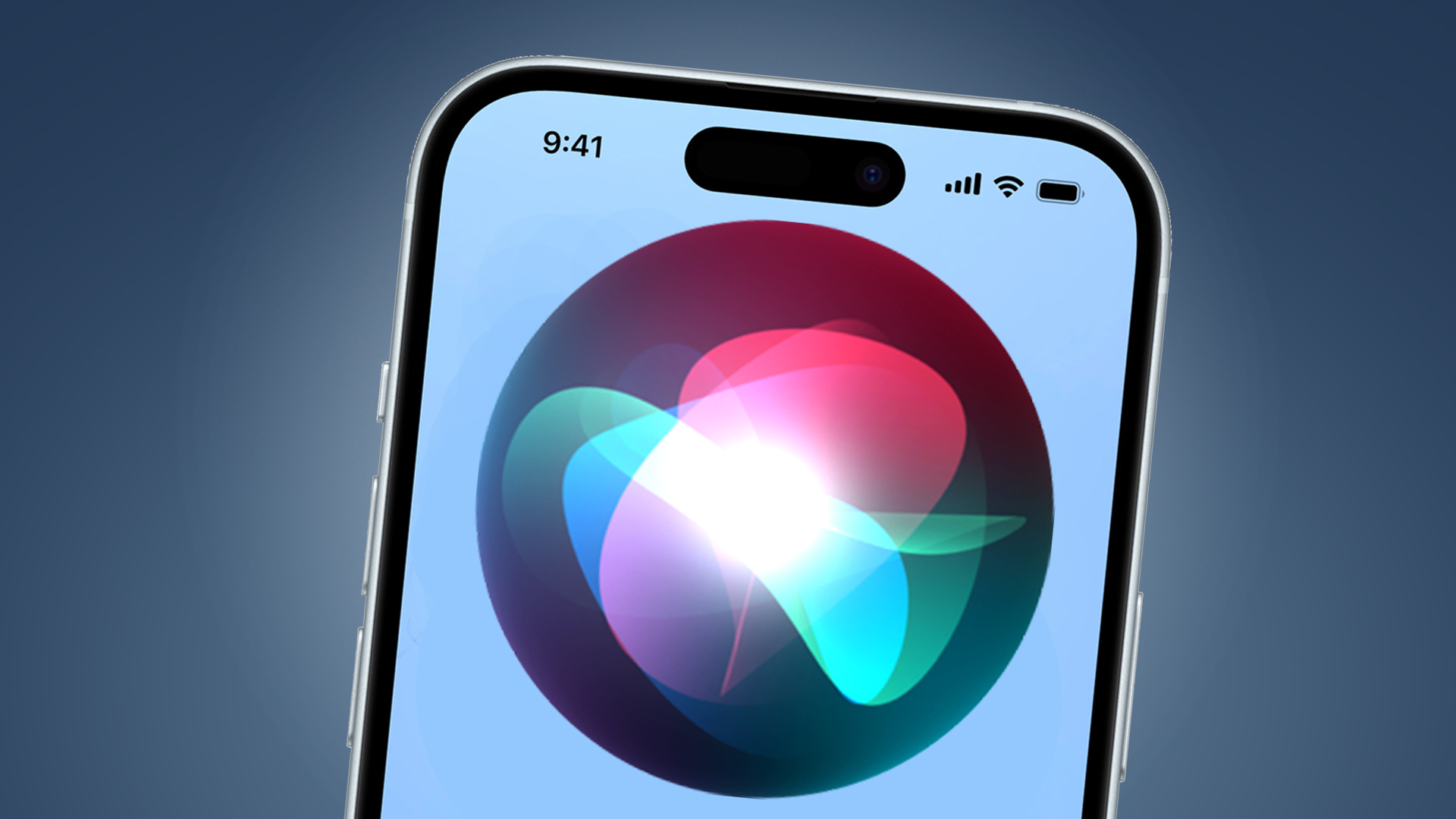 iPhone sobre un fondo azul que muestra el logo de Siri.