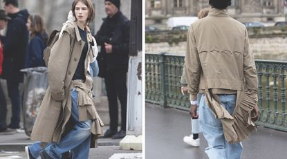 Two models wearing Aries Baracuta jackets on city street