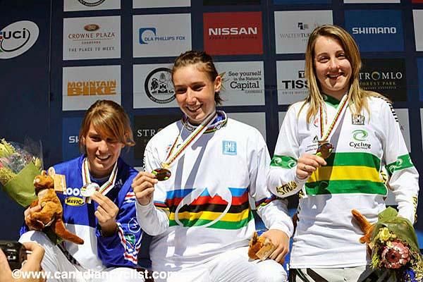 Junior women's downhill world championship podium: Julie Berteaux (France), Anais Pajot (France), Holly Baarspul (Australia)