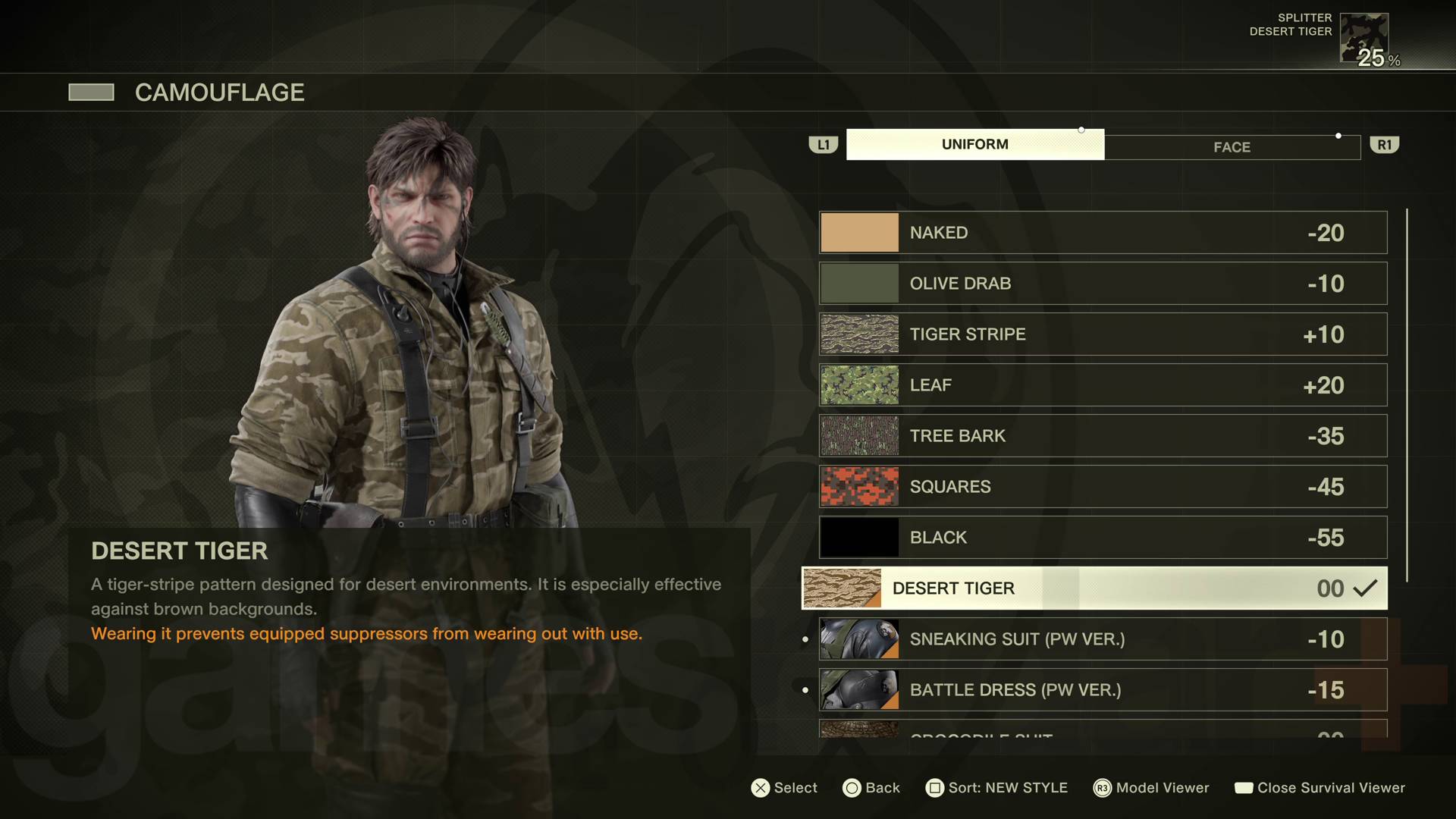 Metal Gear Solid Delta new game question desert tiger uniform in camouflage menu