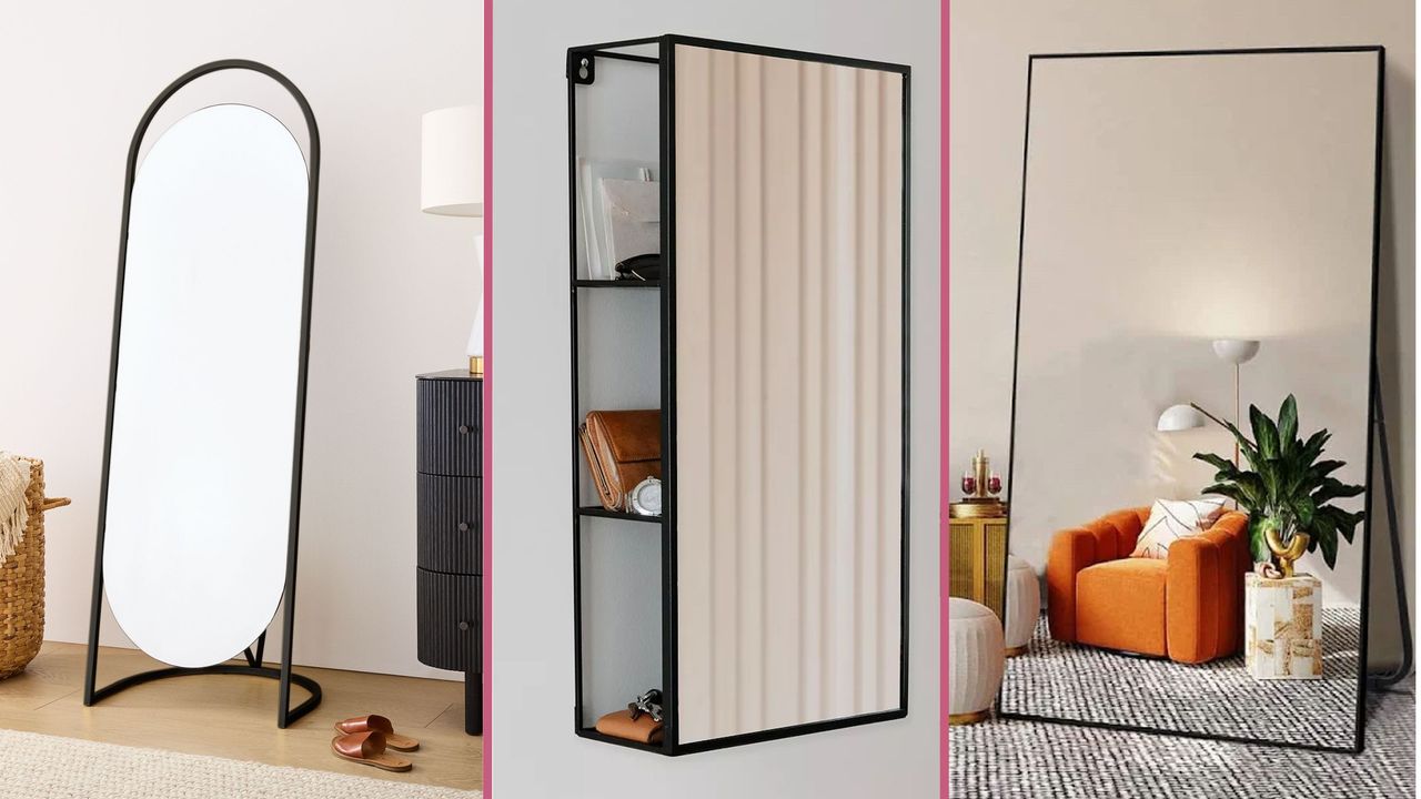 3 different black mirrors in homes, one a standing pill-shape mirror, the other a wall-mounted storage mirror and the other a large leaning floor mirror