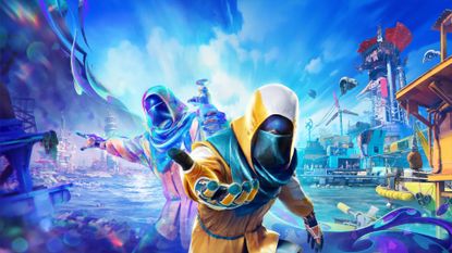 Key art for Tides of Tomorrow showing two Tidewalkers holding out their hand with the blue sea and sky behind them, and colorful floating towns