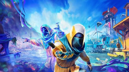 Key art for Tides of Tomorrow showing two Tidewalkers holding out their hand with the blue sea and sky behind them, and colorful floating towns