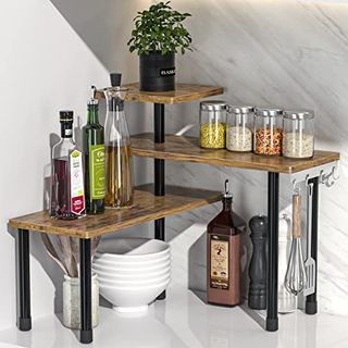 Countertop Organizer Organization, 3 Tier Moveable Corner Shelf for Kitchen , Bathroom , Spice Rack , Coffee Area, Over Sink, Dresser Table (rustic Brown)