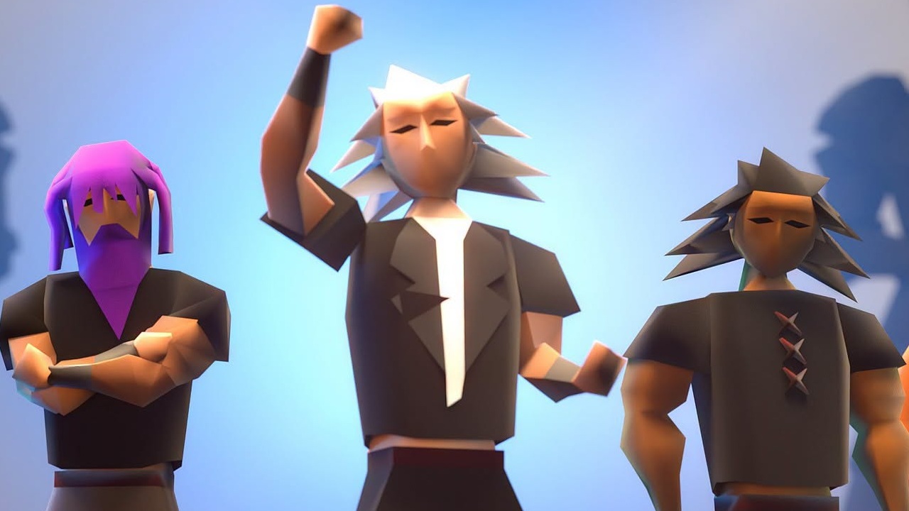 Three Old School Runescape characters standing in a row, the lead pumping his fist in the air.