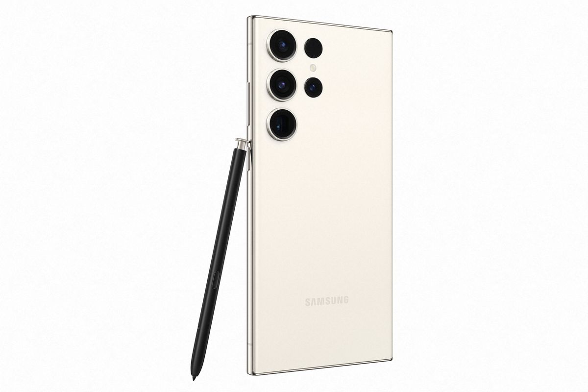 Official press images of the Galaxy S23 Ultra, in Cream from the back, with S Pen stylus
