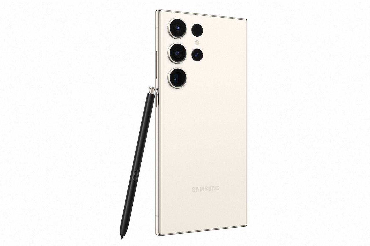 Official press images of the Galaxy S23 Ultra, in Cream from the back, with S Pen stylus
