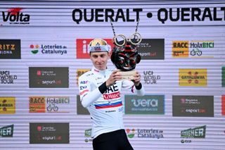 QUERALT SPAIN MARCH 23 Tadej Pogacar of Slovenia and UAE Emirates Team celebrates at podium as stage winner during the 103rd Volta Ciclista a Catalunya 2024 Stage 6 a 1547km stage from Berga to Queralt 1119m UCIWT on March 23 2024 in Queralt Spain Photo by David RamosGetty Images