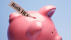 "Roth IRA" is printed on a torn piece of paper that is inserted into the coin slot of a pink piggy bank against a blue background.