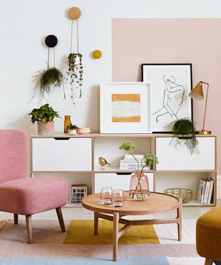 pink painted living room with colourful rug and plants hanging from wall