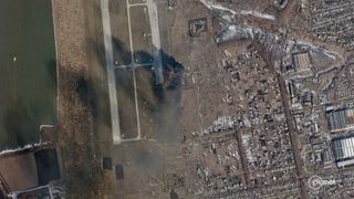 Ukraine's Chuhuiv Airbase on Feb. 24, 2022, as seen by a satellite operated by the company Planet.