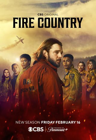 Key art for Season 2 of Fire Country featuring Bode at the front with the cast behind him.