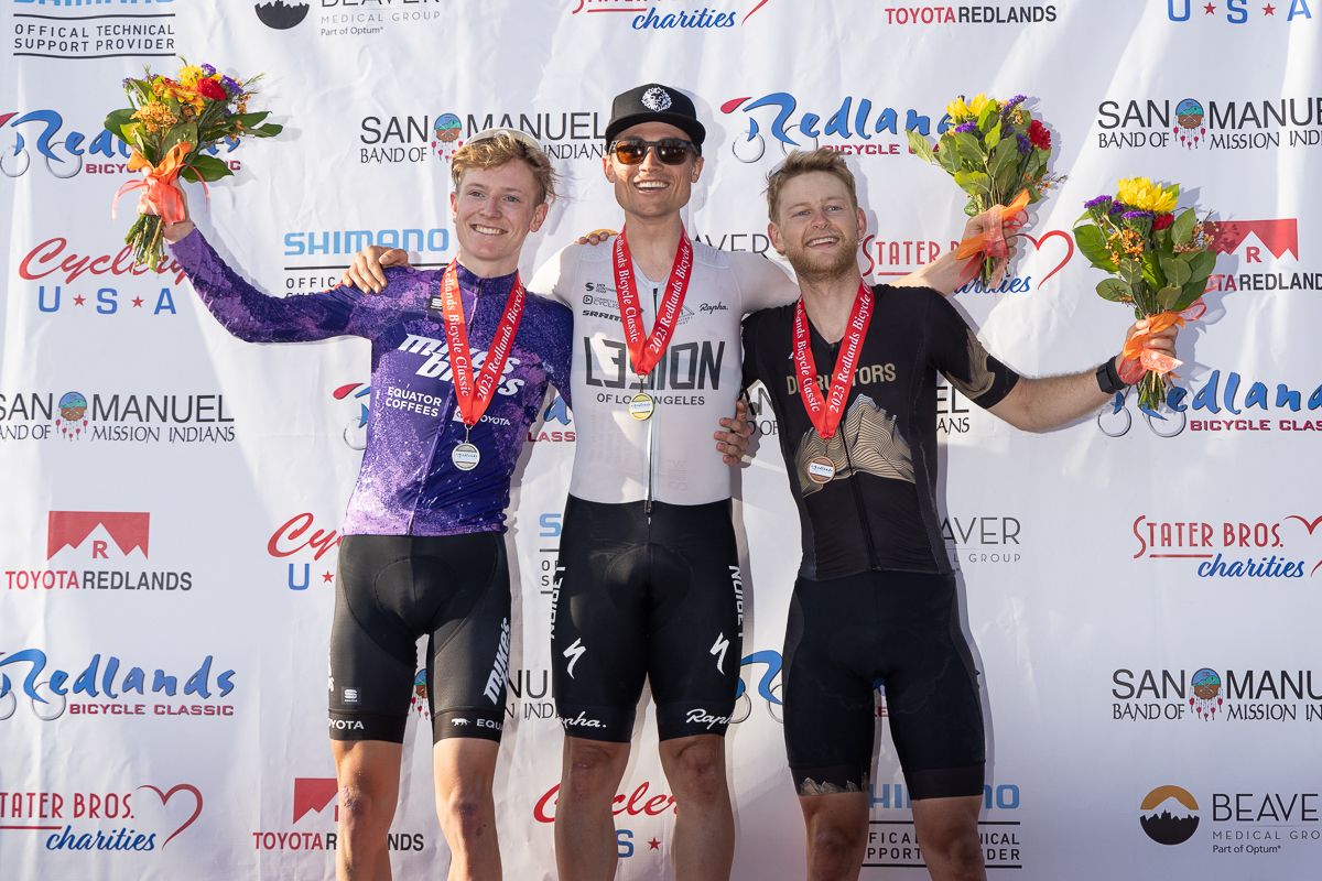 Stage 5 men's podium (L to R): Second-placed Gavin Hlady (Team Mike's Bikes), winner Robin Carpenter (L39ION of Los Angeles) and third-placed Riley Sheehan (Denver Disruptors)