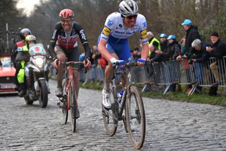 Deceuninck-QuickStep’s Tim Declercq in the thick of the action – with Lotto Soudal’s Frederik Frison – at the 2020 Omloop Het Nieuwsblad