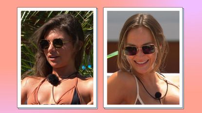 Love Island sunglasses: Samie wearing hexagonal sunglasses alongside a picture of Jessie wearing rectangle sunglasses in an orange and purple template