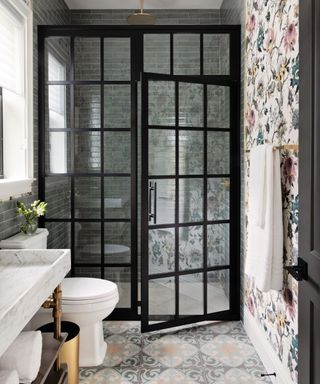 Shower room with metro tiled wall and wallpaper
