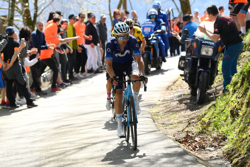 EIBAR SPAIN APRIL 08 Ruben Guerreiro of Portugal and Movistar Team competes in the breakaway climbing to the Krabelin 576m during the 62nd Itzulia Basque Country Stage 6 a 1378km stage from Eibar to Eibar UCIWT on April 08 2023 in Eibar Spain Photo by David RamosGetty Images