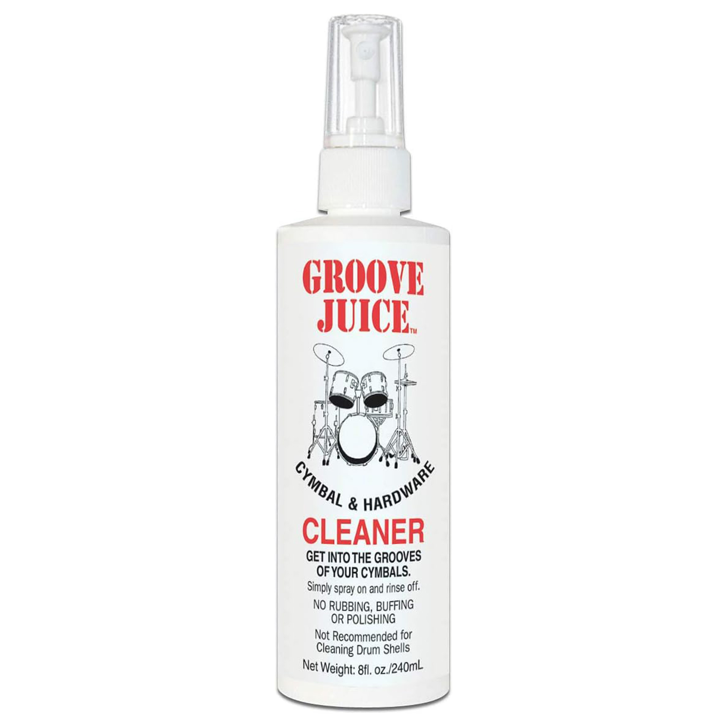 Bottle of Groove Juice cymbal cleaner on a white background