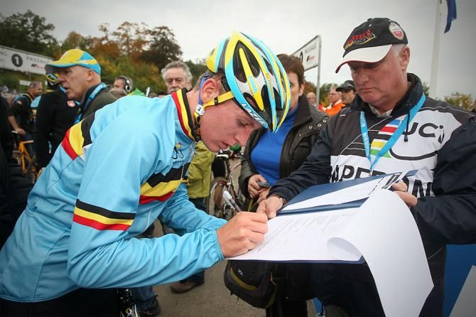 Thijs Aerts (Belgium) deals with some post-race anti-doping paperwork