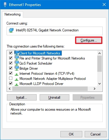 Network adapter configure option