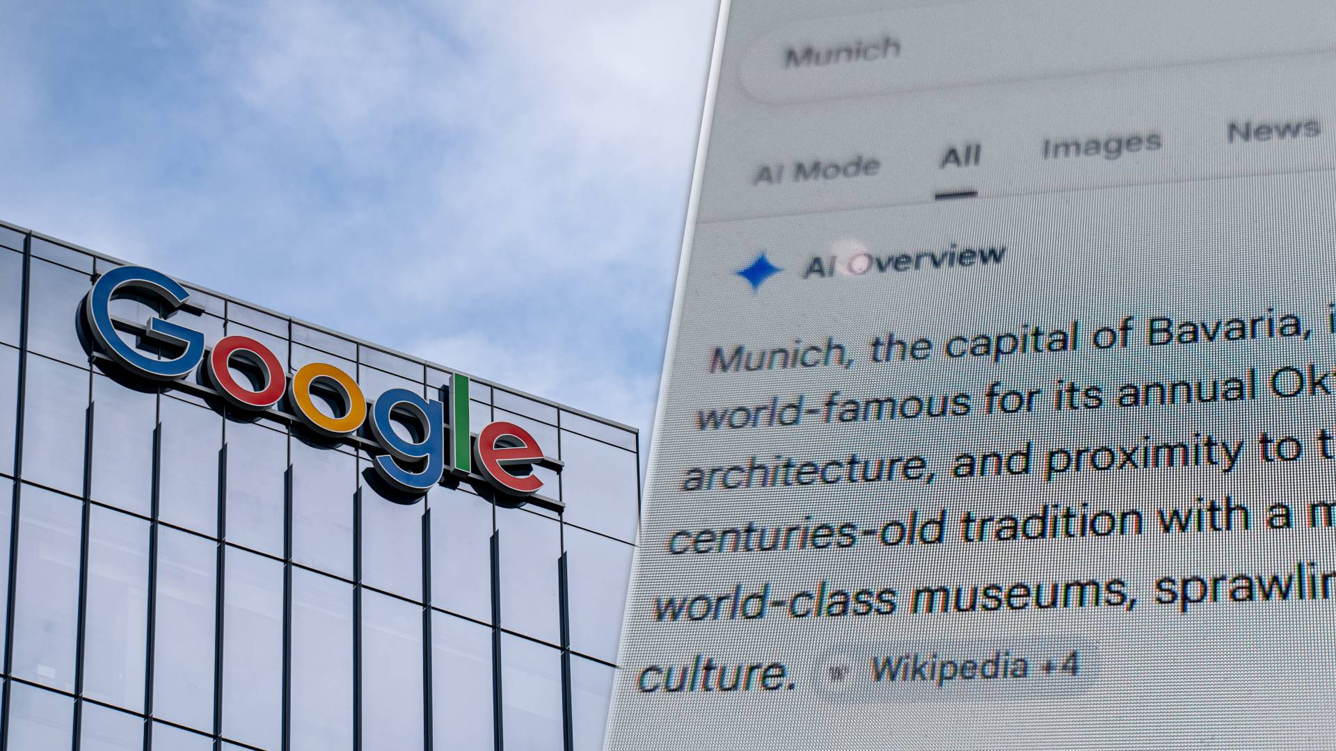 A split screen image of Google's offices in Toronto, Canada, and a close up phone photo of Search's AI Overview.
