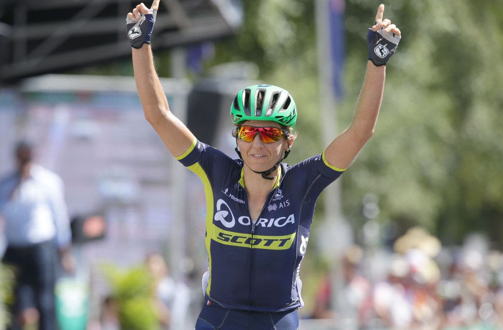 Katrin Garfoot (Orica-Scott) celebrates doing the double