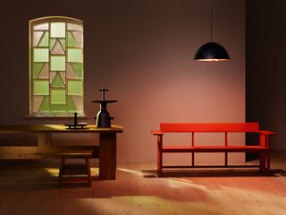 Konstantin Grcic’s serene wooden bench, David Chipperfield’s austere stool and table, and Jaime Hayon’s modern-day Le Corbusier-inspired totems all bask in the heavenly illumination of Lee Broom’s stained glass pendant