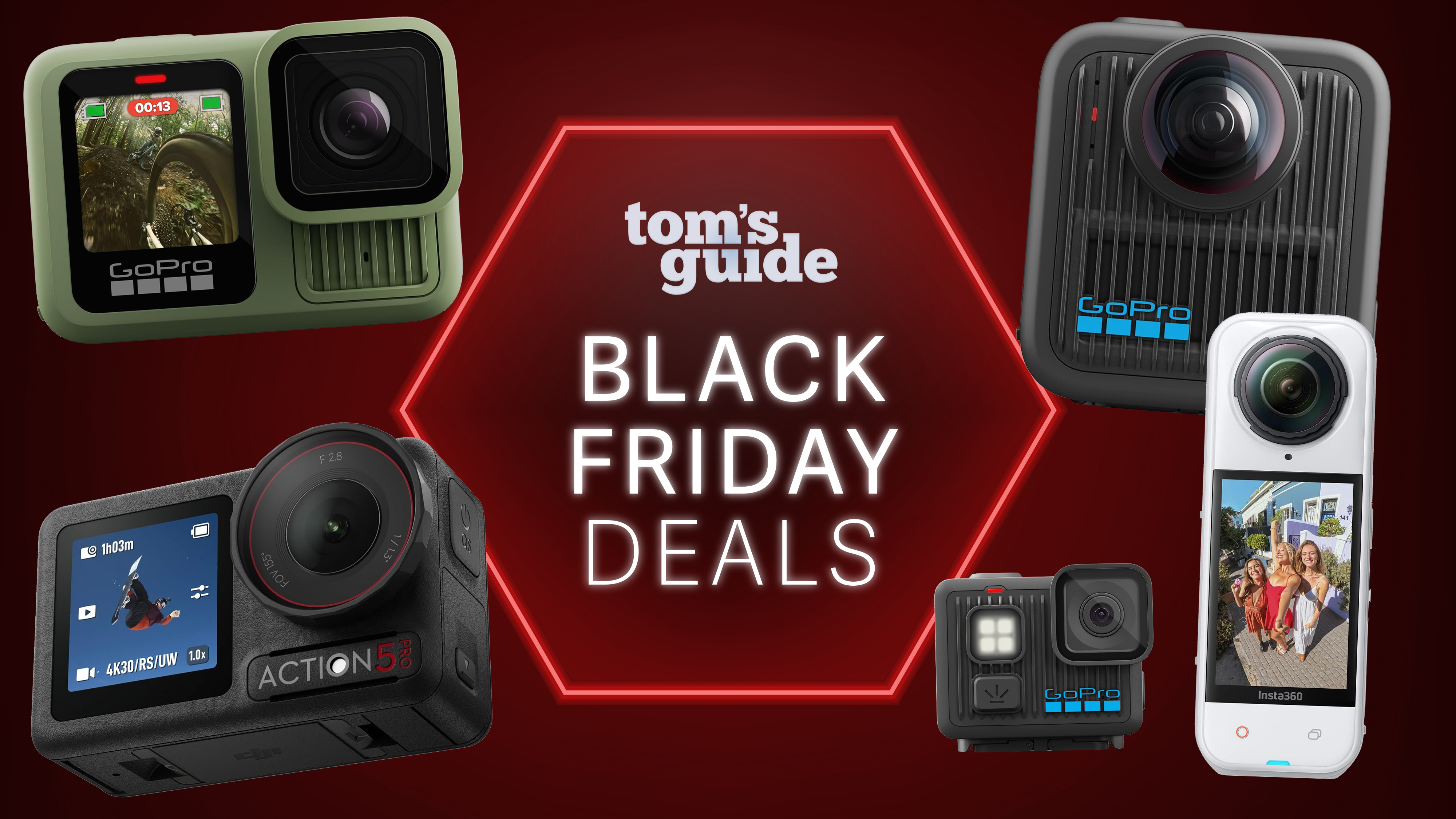 A red neon image with Tom's Guide's Black Friday deals badge in the center, and several action cameras dotted around the sides of the image