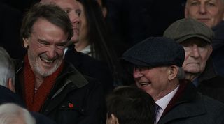 Sir Jim Ratcliffe shares a joke with Sir Alex Ferguson ahead of Manchester United's Premier League match against Tottenham at Old Trafford in January 2024.