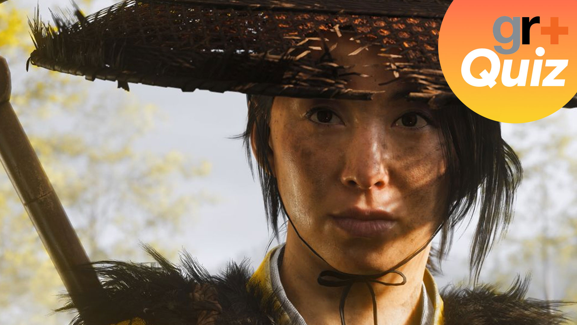 A cropped in shot of Atsu in Ghost of Yotei with the GR+ quiz logo in the top right hand corner