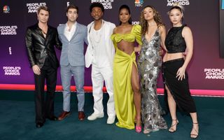 Chase Stokes, Austin North, Jonathan Daviss, Carlacia Grant, Madison Bailey, and Madelyn Cline attend the 47th Annual People's Choice Awards at Barker Hangar on December 07, 2021 in Santa Monica, California.