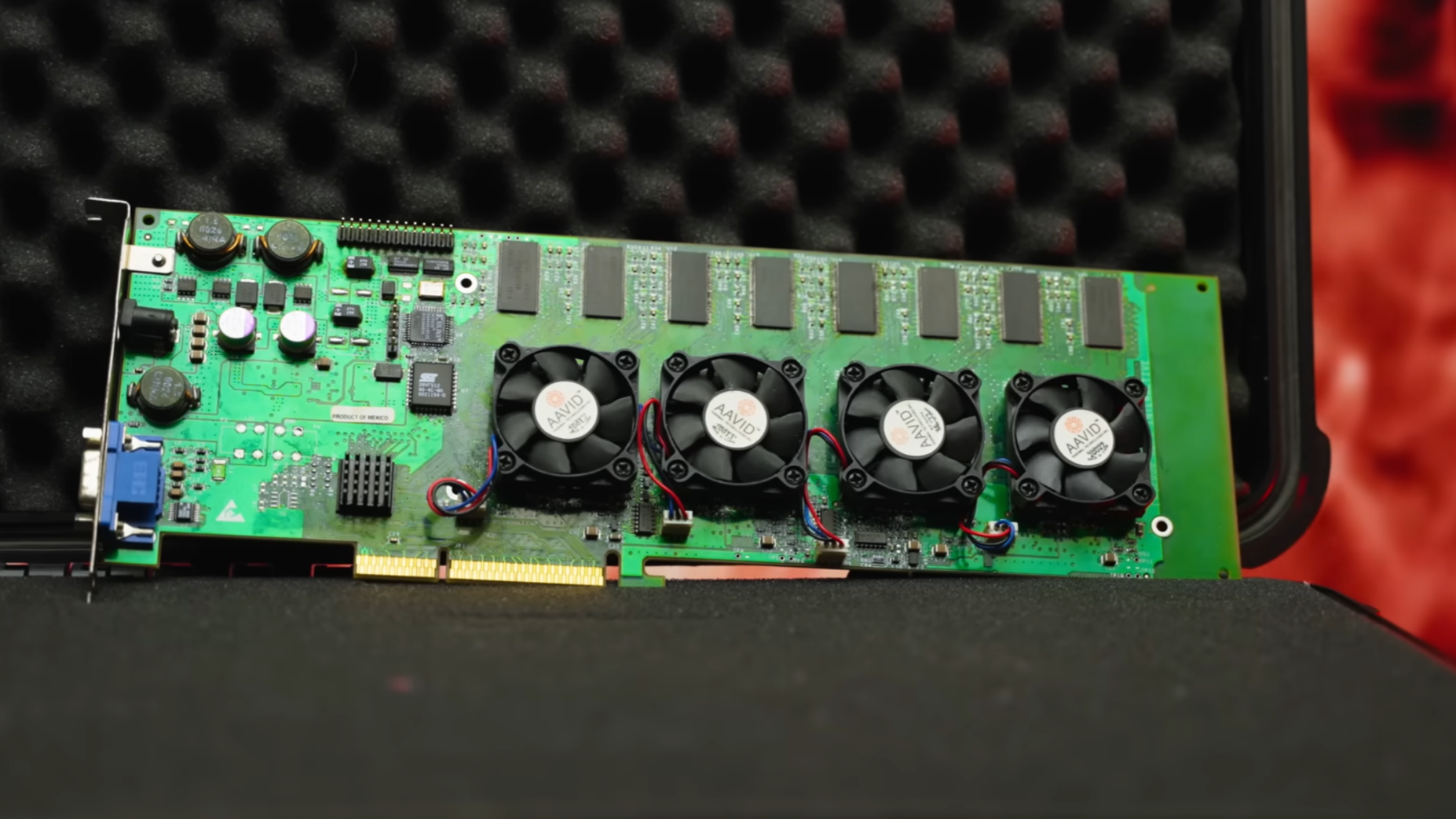 The 3dfx Voodoo 5 6000 prototype graphics card sitting in a black briefcase