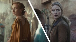 Mon Mothma looking over her left shoulder in Andor season 2 while Vel Sartha looks behind her in Andor season 1