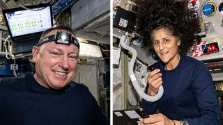 two pictures of astronauts. one shows an astronaut with a headband in front of a computer. the second shows an astronaut floating next to a breathing tube