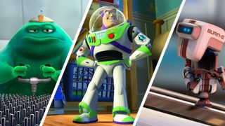 Screenshots from three Pixar movies with space themes: Lifted (Left), Toy Story (Middle), and BURN-E (Right).