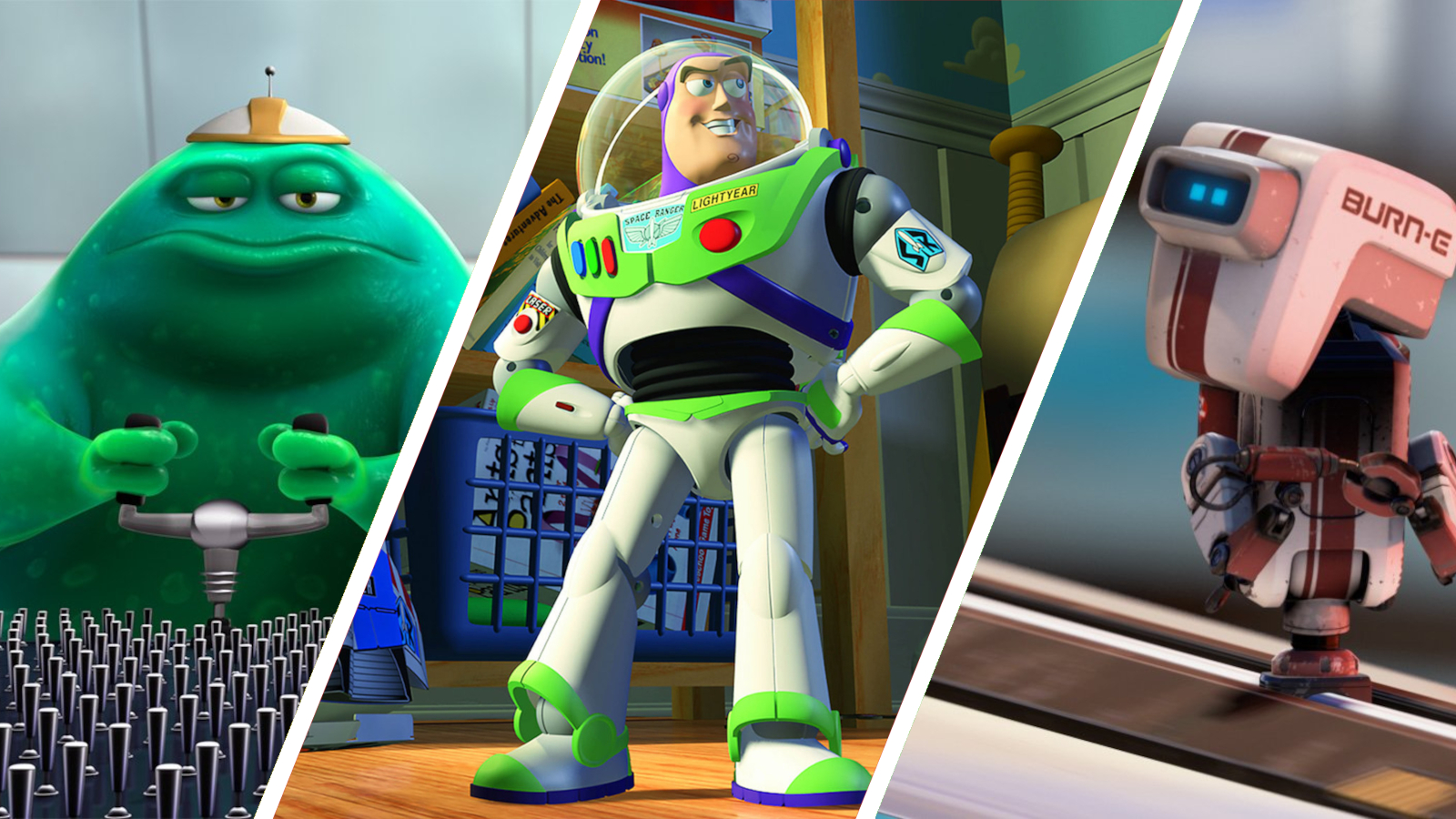 Screenshots from three Pixar movies with space themes: Lifted (Left), Toy Story (Middle), and BURN-E (Right).