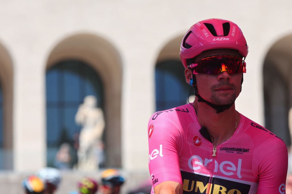 Overall leader JumboVismas Slovenian rider Primoz Roglic prepares to take the start of the twentyfirst and last stage of the Giro dItalia 2023 cycling race 135 km in and around Rome on May 28 2023 Photo by Luca Bettini AFP Photo by LUCA BETTINIAFP via Getty Images