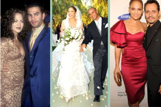 Layout of three photos from left to right Jennifer Lopez Ojani Noa, Jennifer Lopez and Cris Judd and Jennifer with Marc Anthony