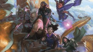 A group of adventurers rides a dragon in artwork from the new Dungeons & Dragons Player's Handbook