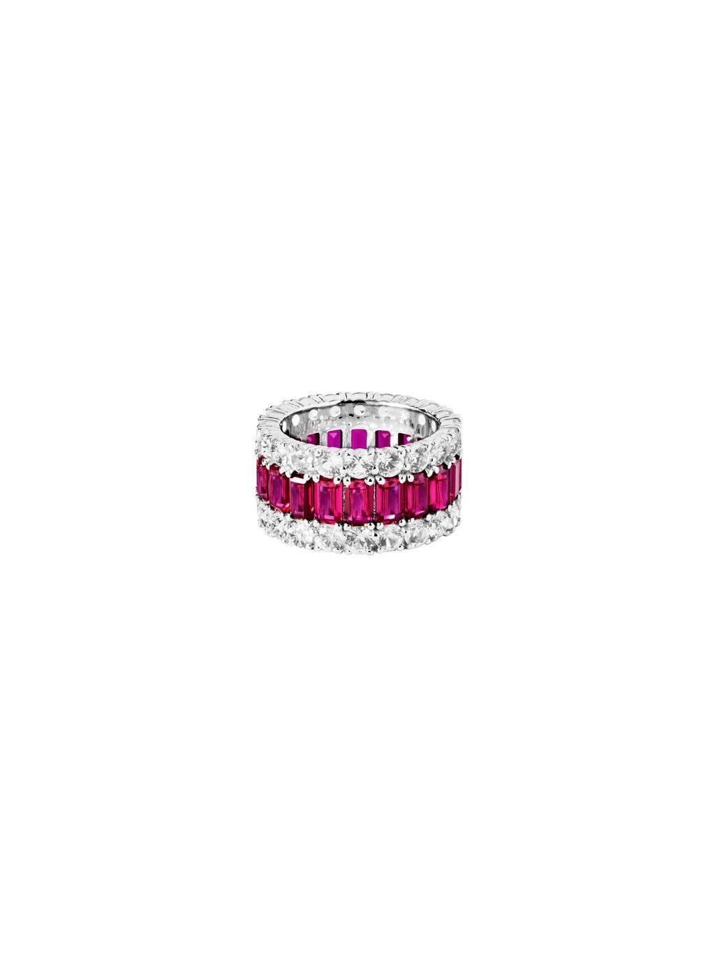 Maxime Three-Row Ring in Lab Ruby and Moissanite, Sterling Silver