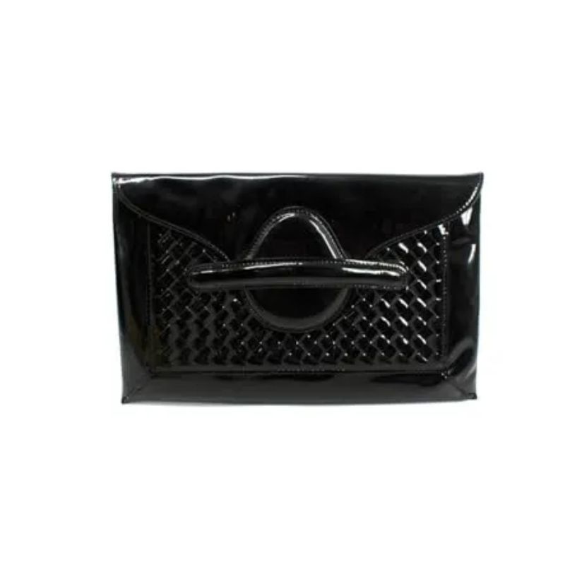 Bottega Veneta Pre-loved Black Patent Leather Intrecciato Clutch Bag cut out
