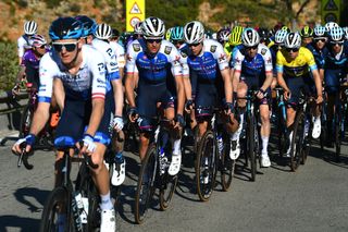 TORRENT SPAIN FEBRUARY 03 LR Mikkel Honor of Denmark Fabio Jakobsen of Netherlands Michael Morkov of Denmark and Remco Evenepoel of Belgium and Team QuickStep Alpha Vinyl Yellow Leader Jersey compete during the 73rd Volta A La Comunitat Valenciana 2022 Stage 2 a 1715km stage from Btera to Torrent VCV2022 on February 03 2022 in Torrent Spain Photo by Dario BelingheriGetty Images