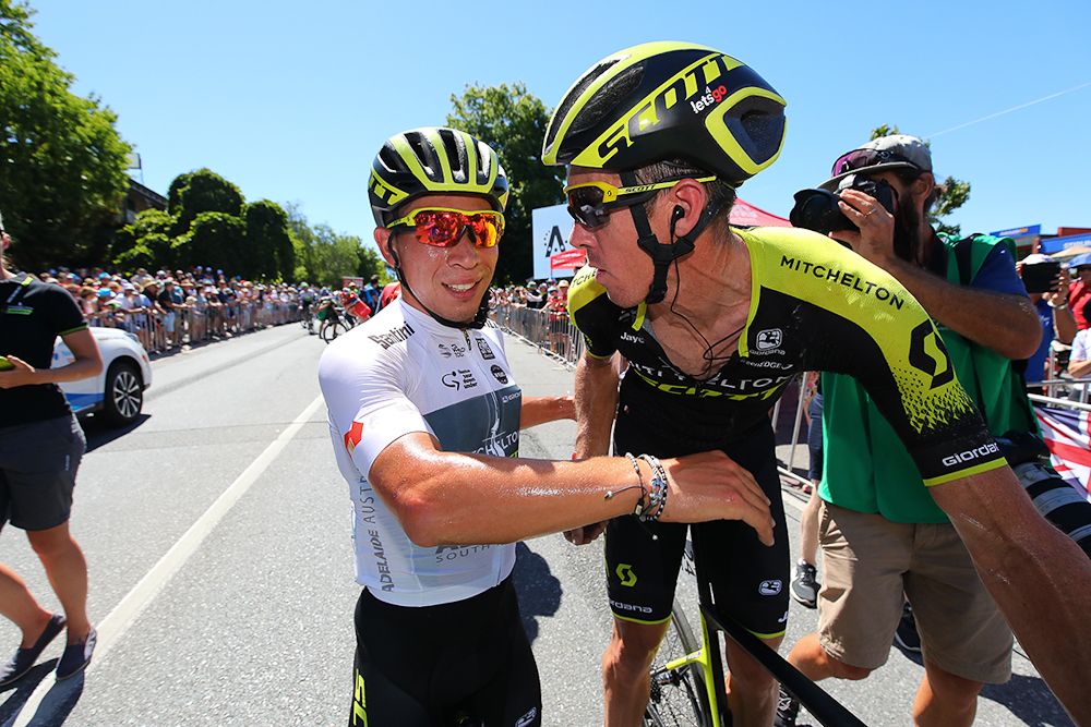 Matthew Hayman congratulates Caleb Ewan on his stage 2 win.