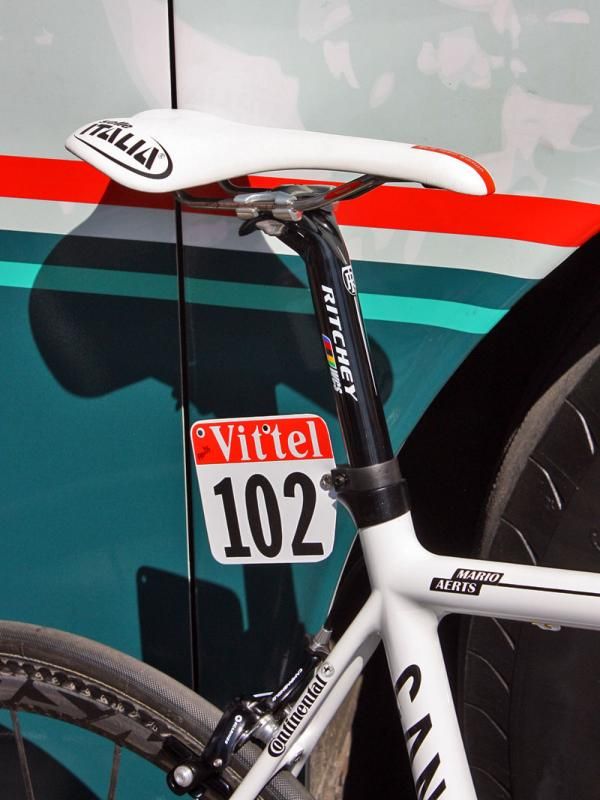 Selle Italia saddles are mounted atop Ritchey posts on the Omega Pharma-Lotto team bikes.