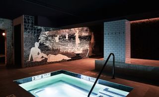 Pool at Bathhouse spa in Williamsburg Brooklyn with black and white tile motif
