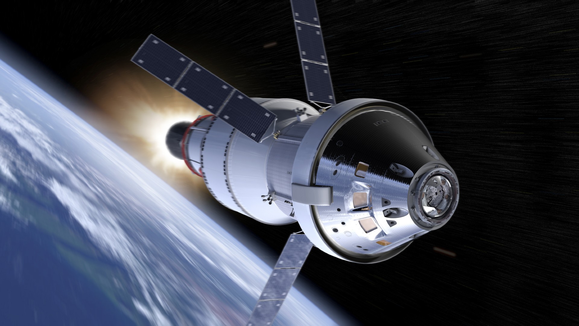 orion spacecraft separating from upper stage rocket, backdropped by earth