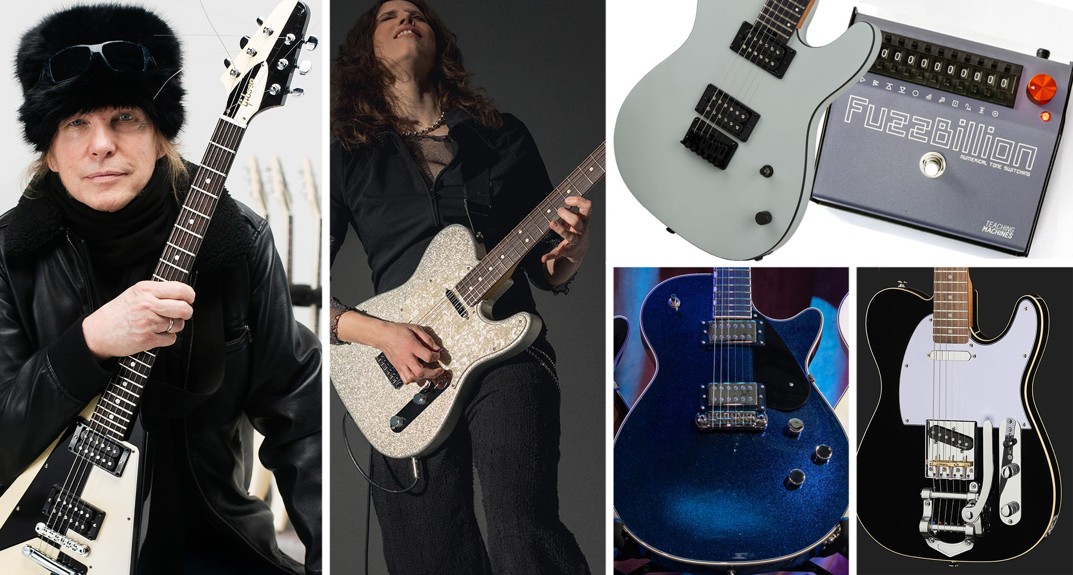 Michael Schenker with his new Gibson signature guitar; Gina Gleason demos the new 75th Anniversary Player Telecaster; Gretsch Electromatic Premier Jet; Charvel Standard SD Series, Teaching Machines FuzzBillion; Harley Benton Tremolo Series