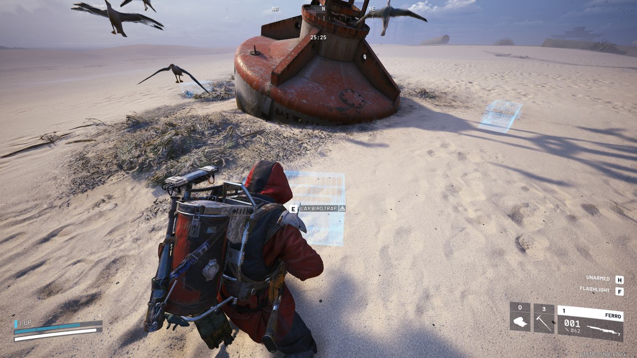 Arc Raiders bird trap: A player looking at a red buoy on a dried-up seabed, with a glowing blue outline of a bird trap on the ground.